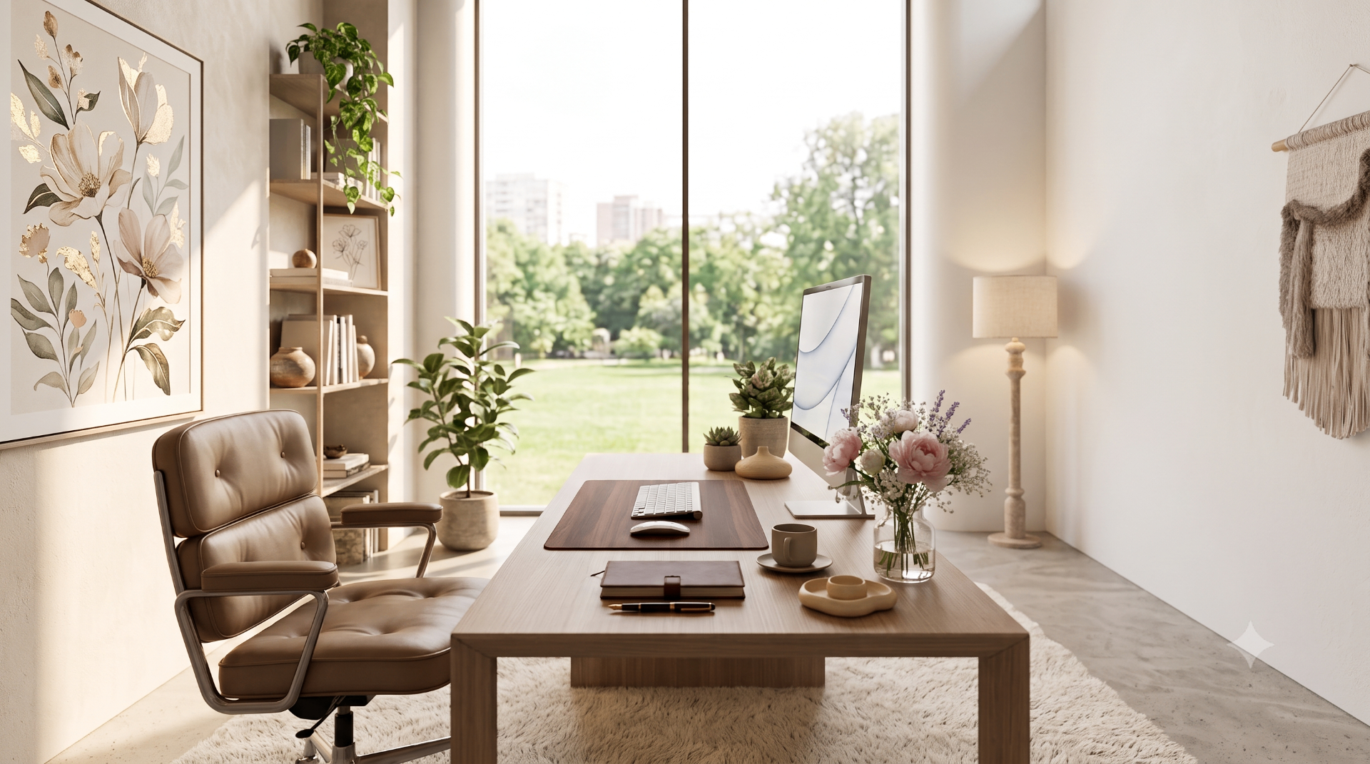 Kényelmes, természetes fényű home office, növényekkel és íróasztallal.